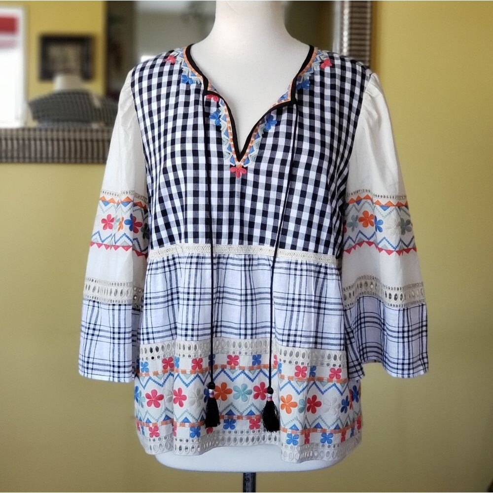 Daniel Rainn Tie Neck Gingham Embroidered Floral Eyelet 100% Cotton Top Large